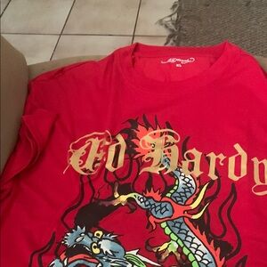 Ed Hardy Red and Yellow Short Sleeve Tee with Dragon Design